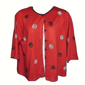 C D Daniels 1X Sweater Red w Black White  Embroidery Coverd Buttons 3/4 Sleeve